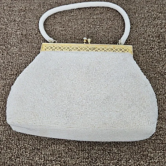 Vintage Needlepoint Petit Point Tapestry Framed Kiss-lock Beaded White Bag 7x9 - Picture 5 of 8